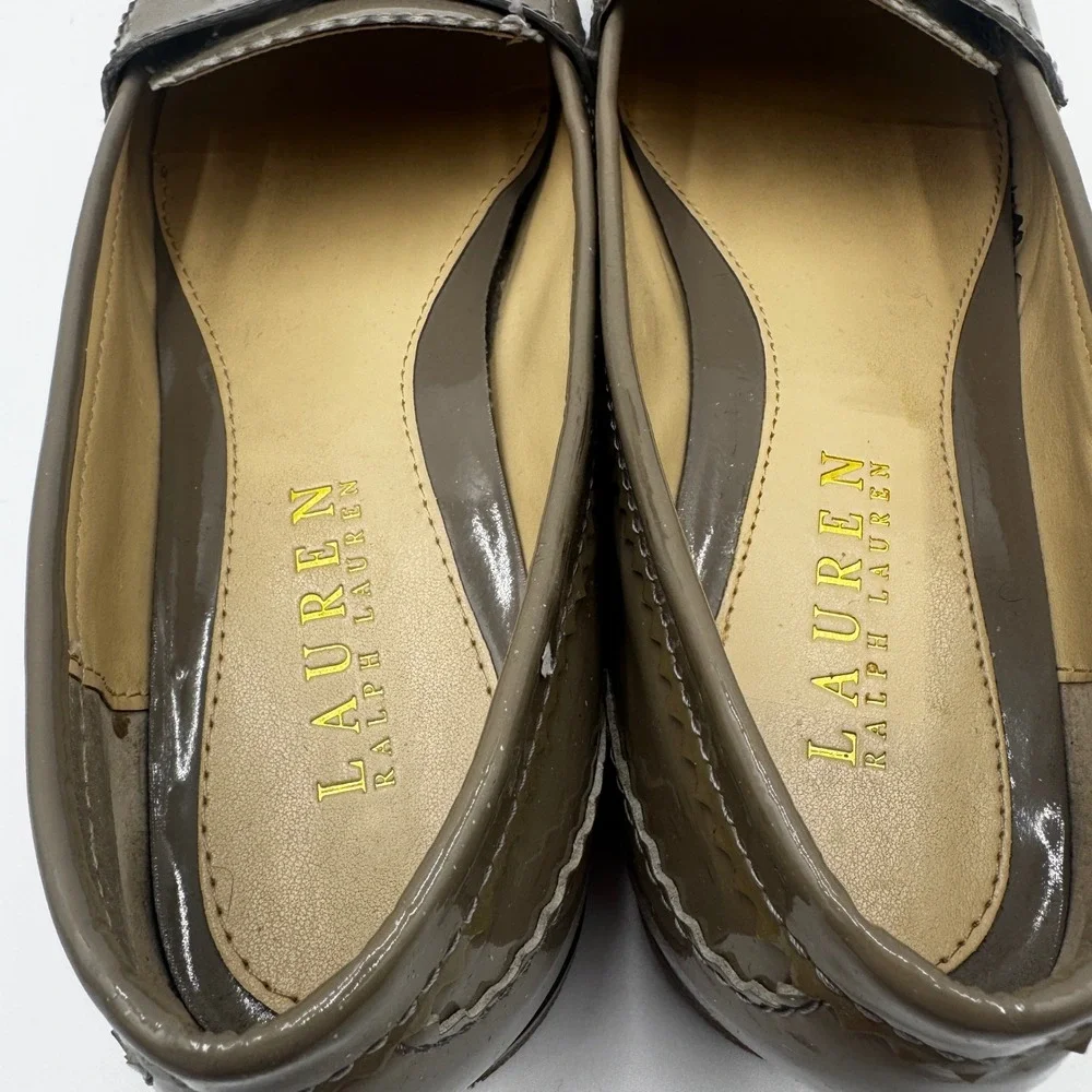 Lauren Ralph Lauren Glenda Penny Loafer 8.5B Taupe Patent Leather Pinked Trim
